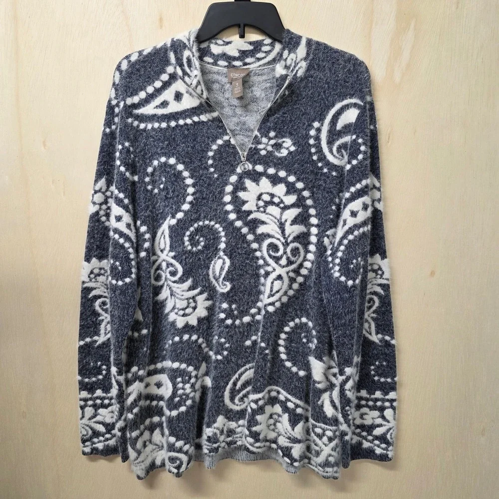 Chicos Navy Blue Paisley Eyelash Knit Quarter Zip Sweater Shimmer Size 3 Large